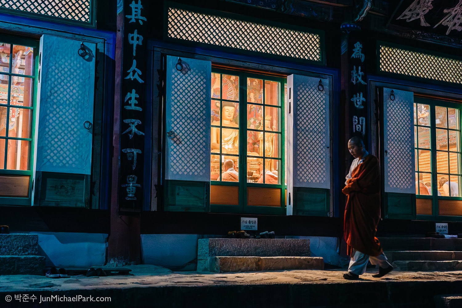 In Jeolla Province, Korea travel photographer Jun Michael Park captured the moment of a Buddhist monk walking by the main hall of Baekyangsa Temple, while the morning prayers take place.
