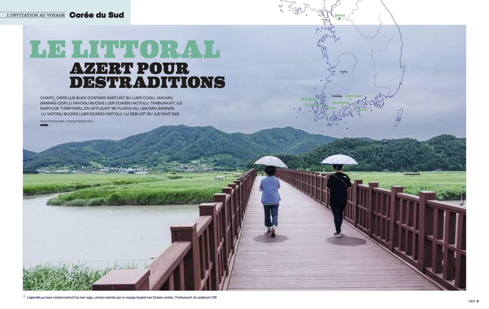 Korea photographer Jun Michael Park photographed two women holding small sun umbrellas cross a wooden bridge into the field of reeds at Suncheon Bay.