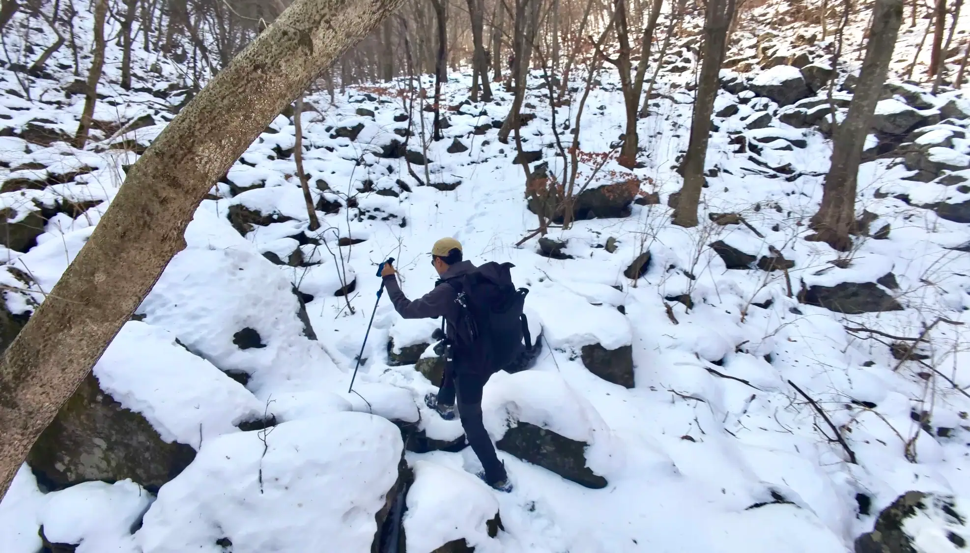 Snowy mountain hiking adventure in winter forest with a backpacker ascending rocky terrain.